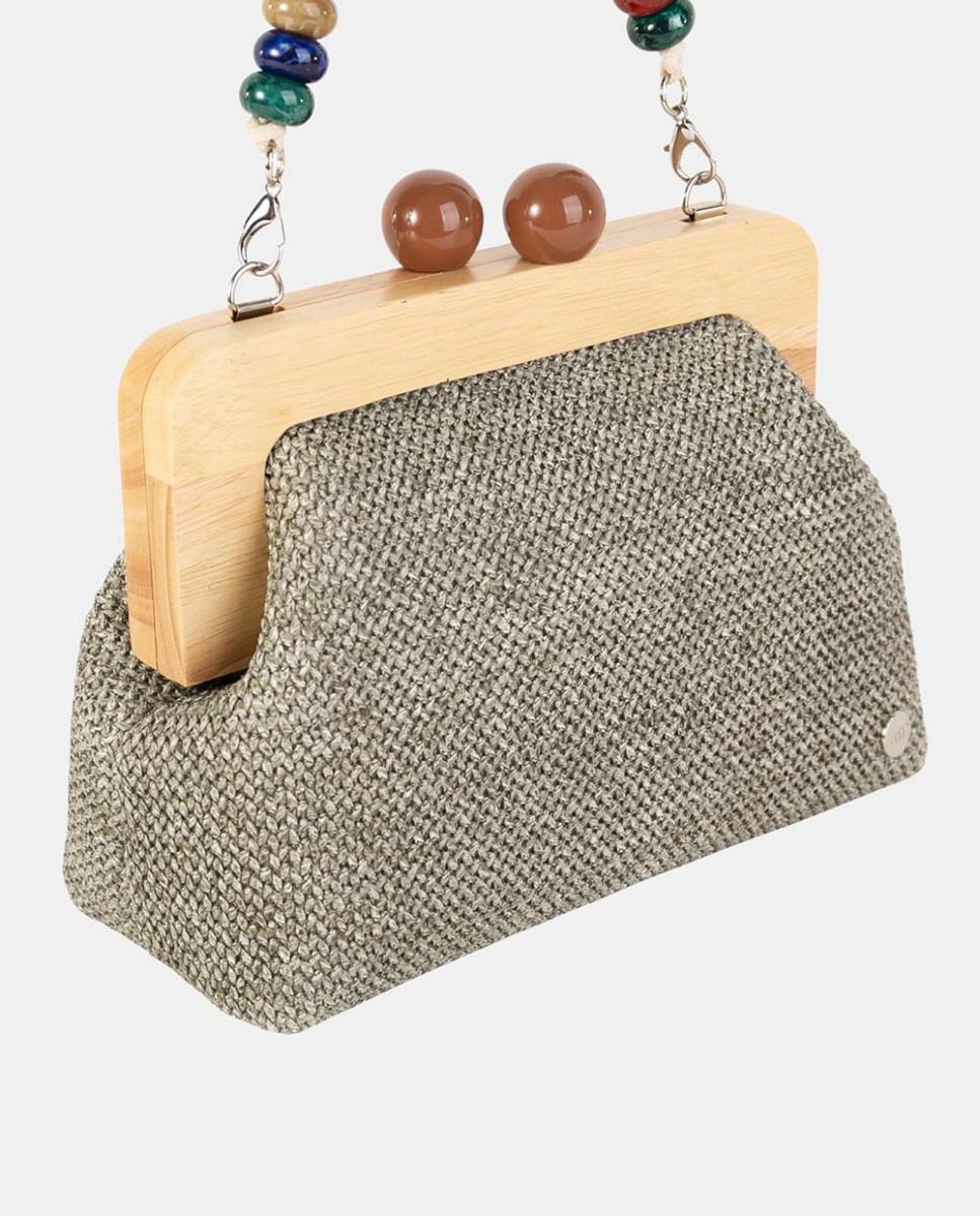 Mala Clutch Pequena em Tecido Entrançado com Fecho de Madeira e Alça de Contas Verde-2