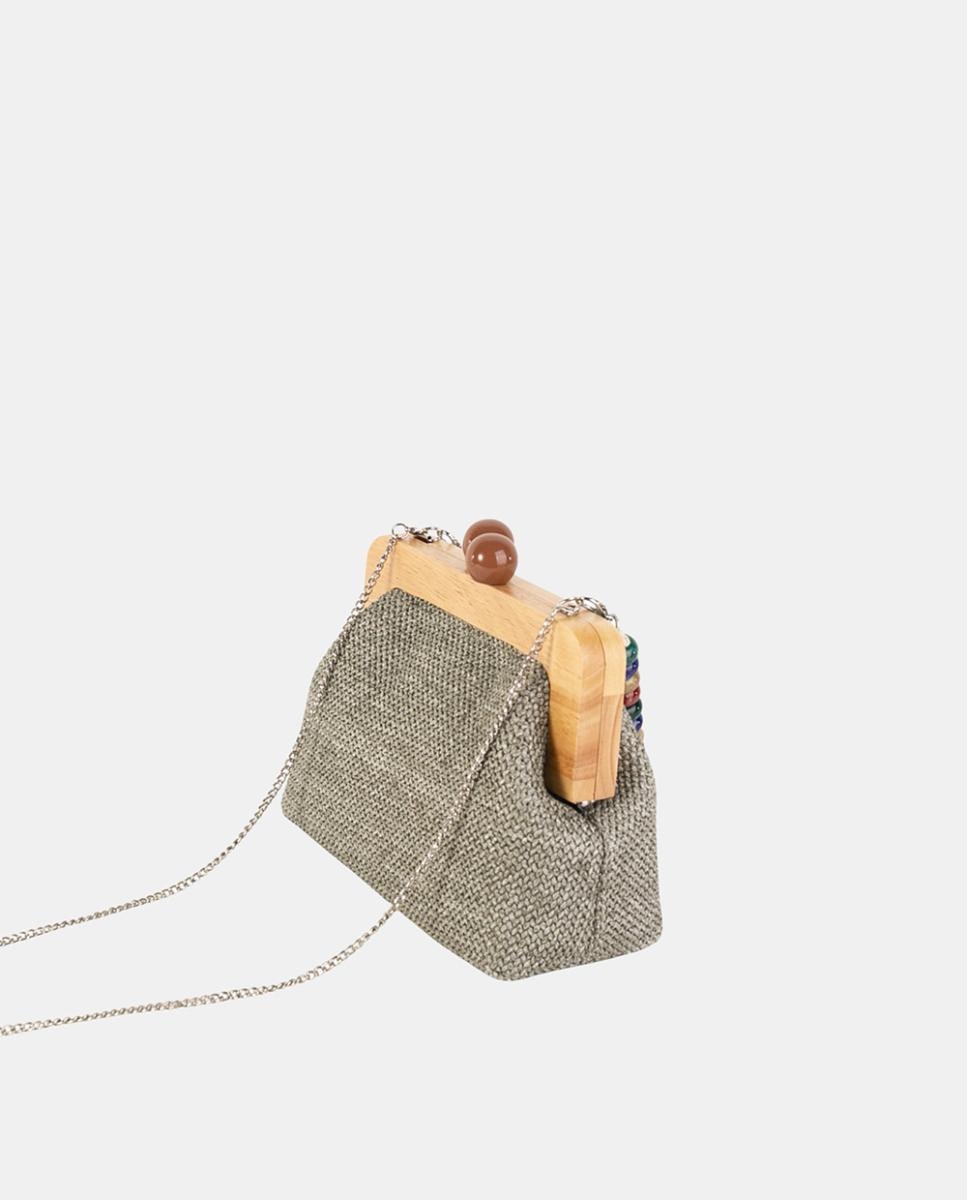 Mala Clutch Pequena em Tecido Entrançado com Fecho de Madeira e Alça de Contas Verde-3