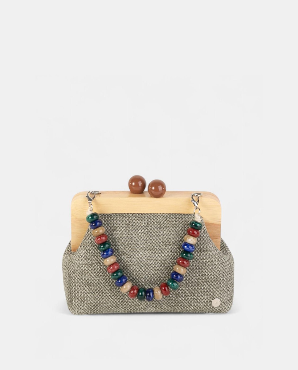 Mala Clutch Pequena em Tecido Entrançado com Fecho de Madeira e Alça de Contas Verde-4