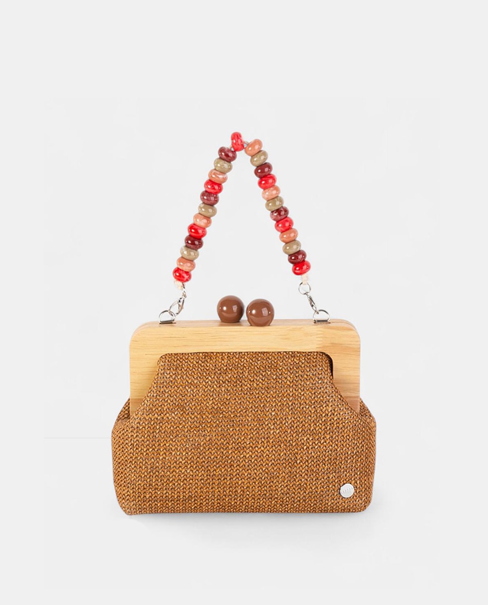 Mala Clutch Pequena em Tecido Entrançado com Fecho de Madeira e Alça de Contas Castanho-1