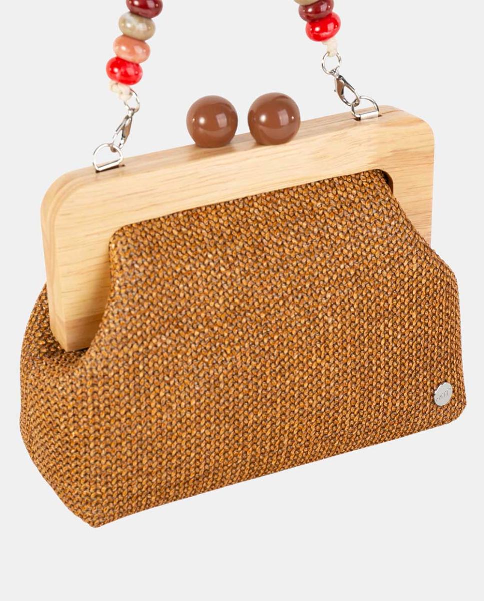 Mala Clutch Pequena em Tecido Entrançado com Fecho de Madeira e Alça de Contas Castanho-2