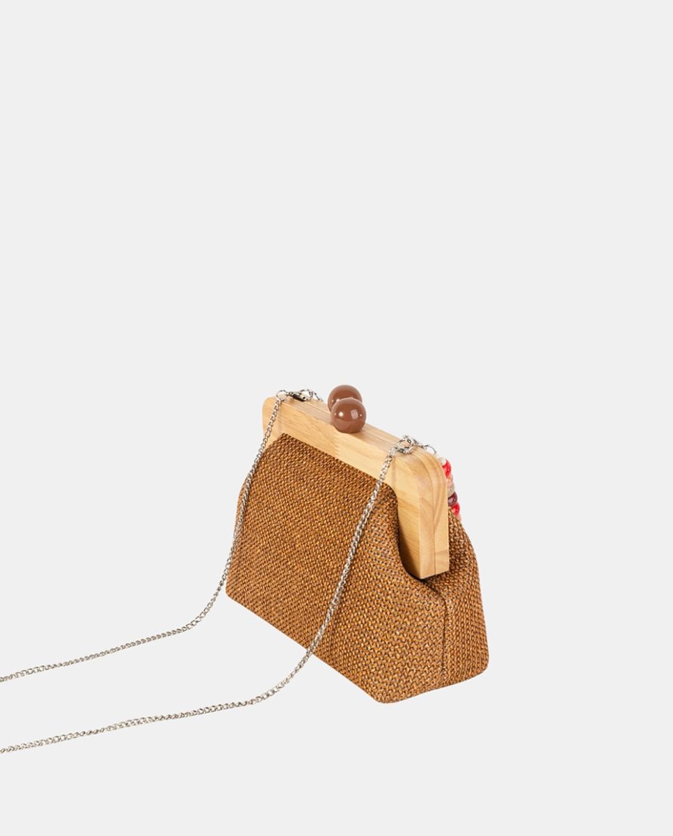 Mala Clutch Pequena em Tecido Entrançado com Fecho de Madeira e Alça de Contas Castanho-3