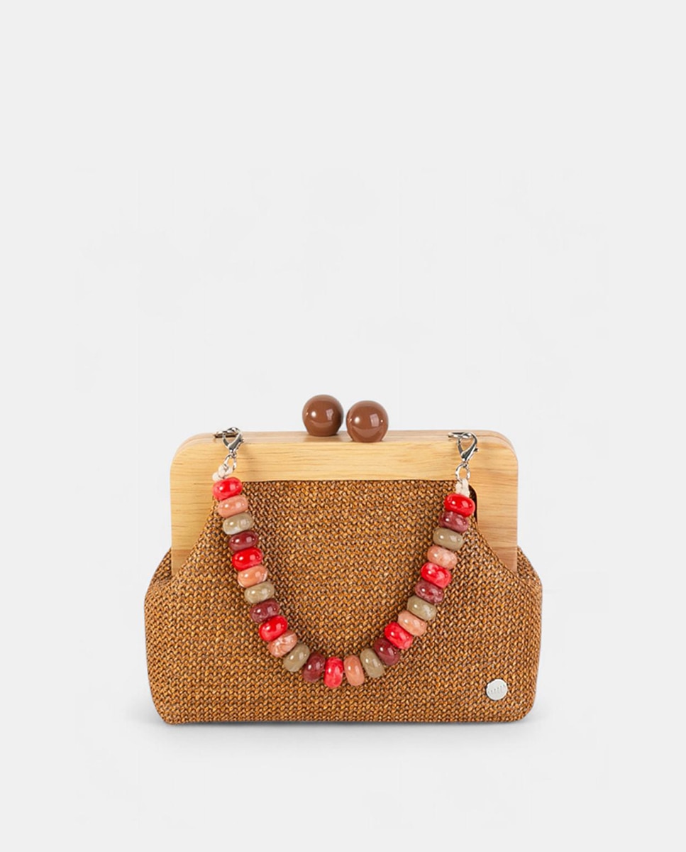 Mala Clutch Pequena em Tecido Entrançado com Fecho de Madeira e Alça de Contas Castanho-4