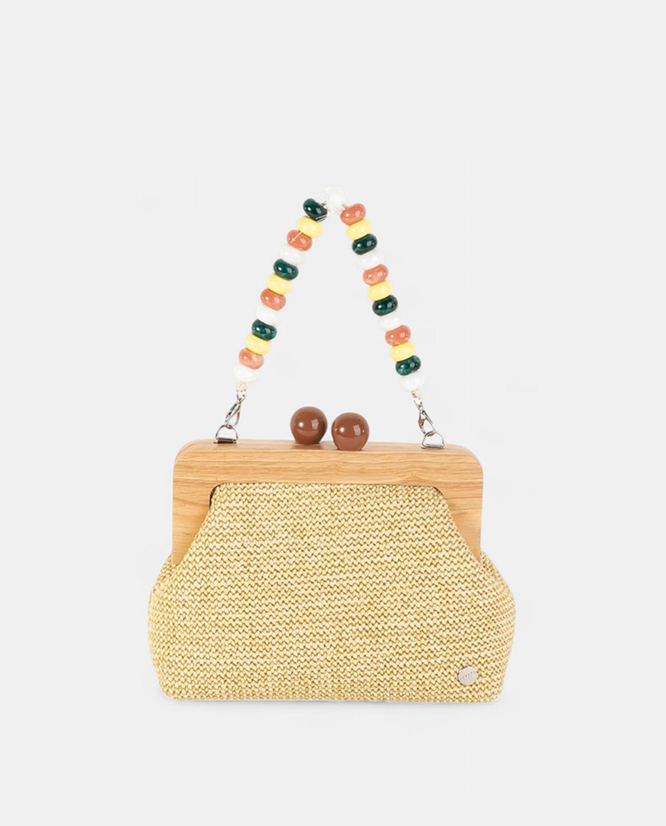 Mala Clutch Pequena em Tecido Entrançado com Fecho de Madeira e Alça de Contas Natural-1