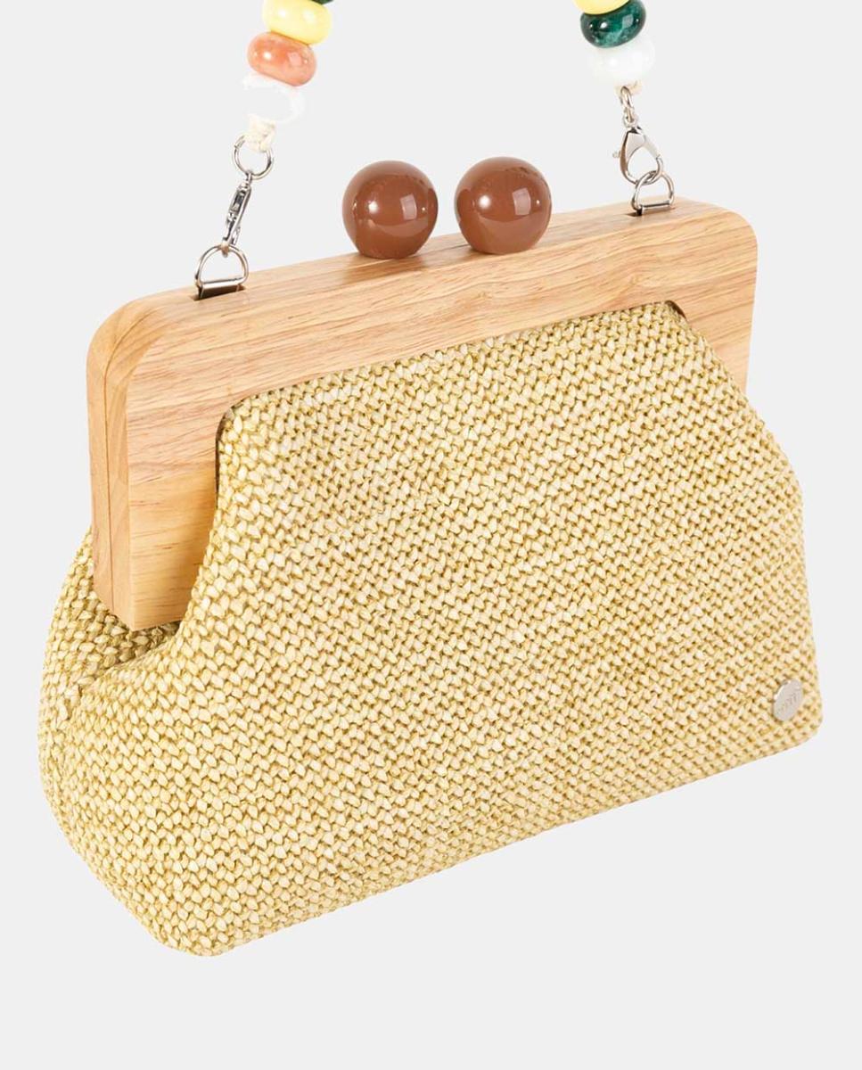 Mala Clutch Pequena em Tecido Entrançado com Fecho de Madeira e Alça de Contas Natural-2