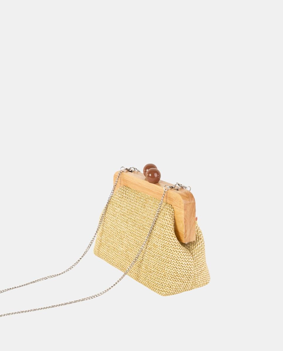 Mala Clutch Pequena em Tecido Entrançado com Fecho de Madeira e Alça de Contas Natural-3