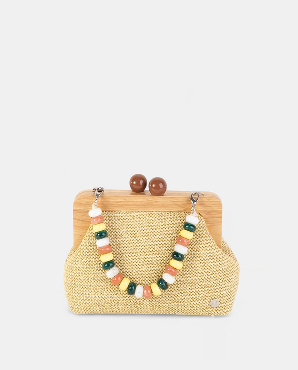 Mala Clutch Pequena em Tecido Entrançado com Fecho de Madeira e Alça de Contas Natural-4