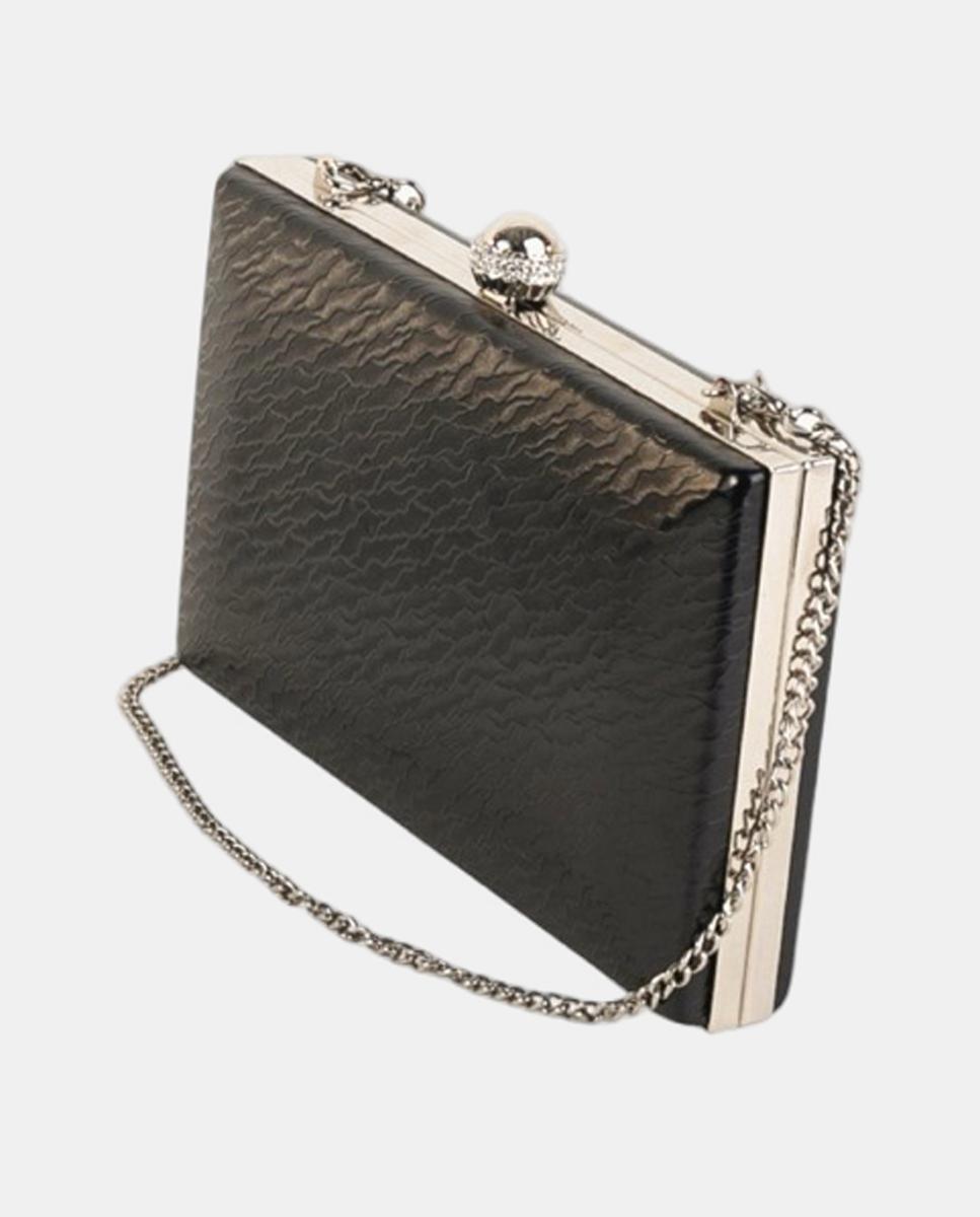Mala Clutch Pequena em Efeito de Pele com Fecho de Joia e Corrente Metálica Preto-2