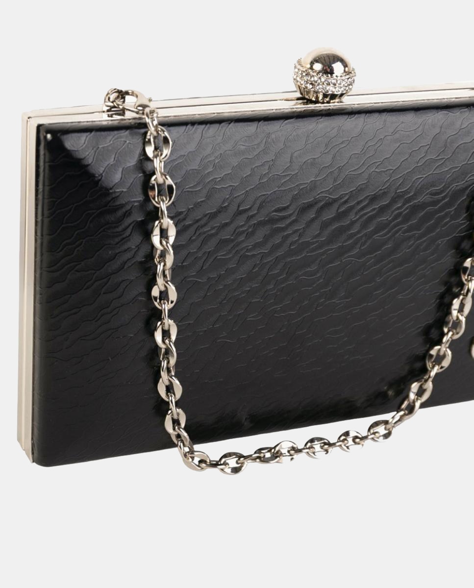 Mala Clutch Pequena em Efeito de Pele com Fecho de Joia e Corrente Metálica Preto-3