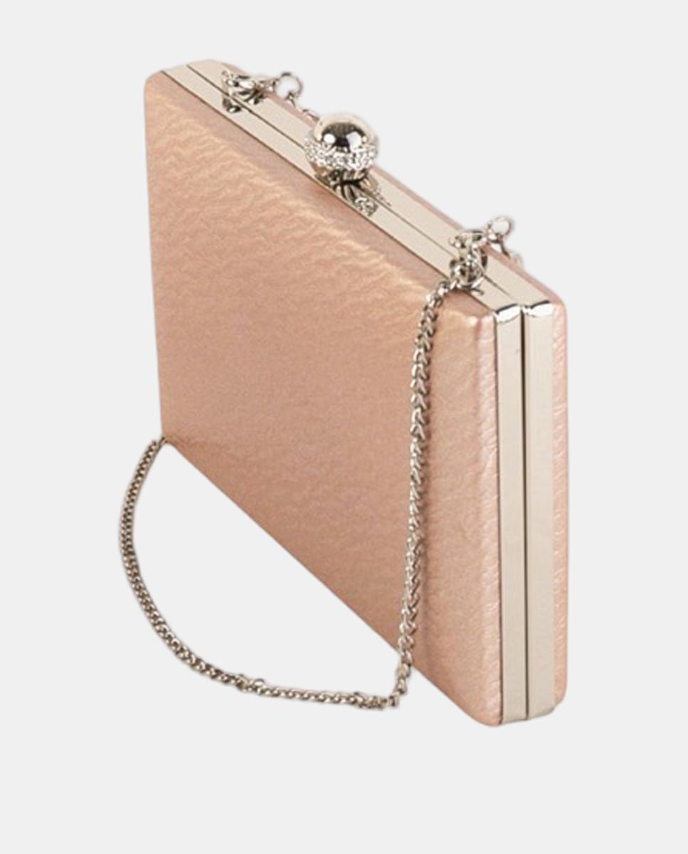 Mala Clutch Pequena em Efeito de Pele com Fecho de Joia e Corrente Metálica Rosa-2