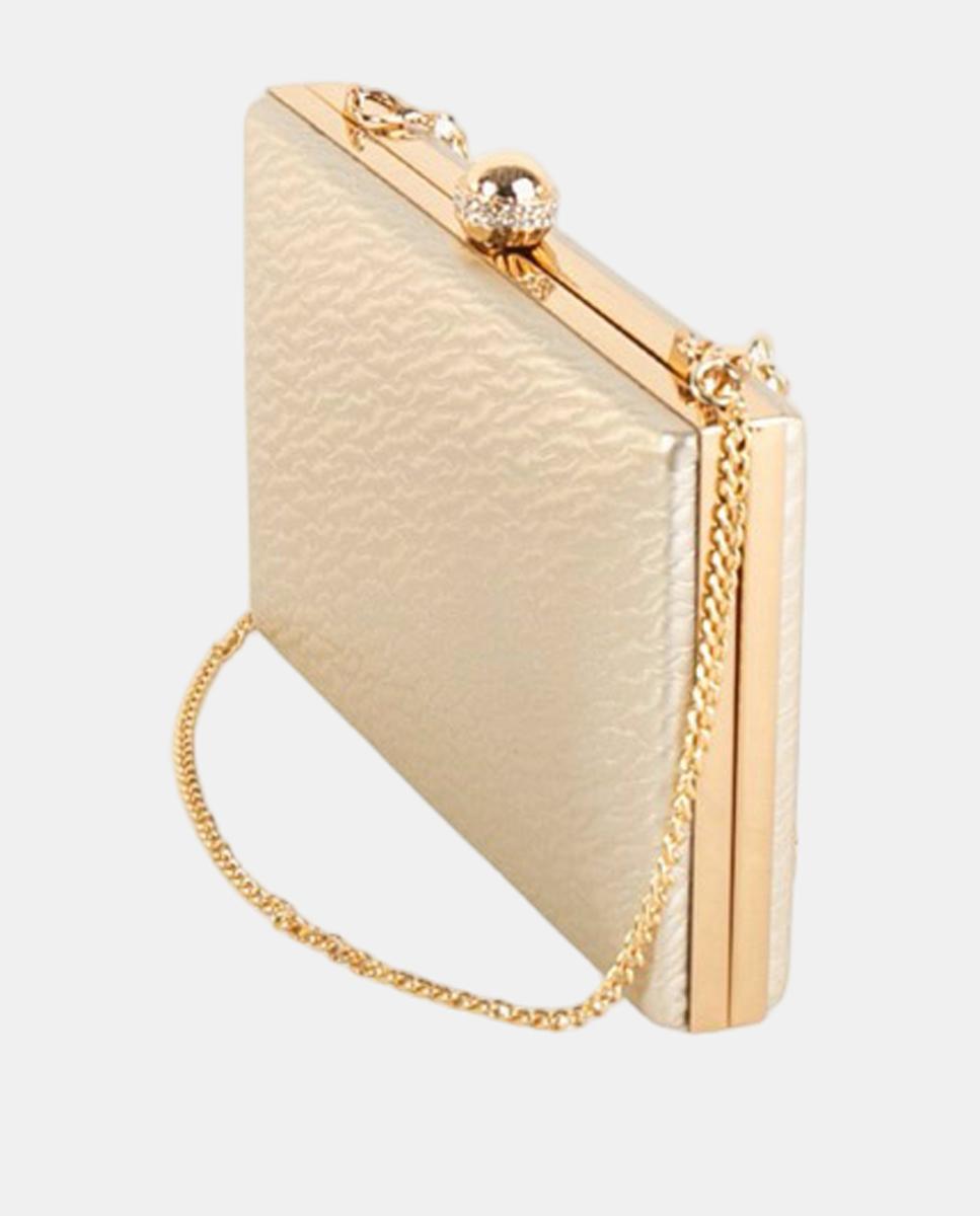 Mala Clutch Pequena em Efeito de Pele com Fecho de Joia e Corrente Metálica Ouro-2