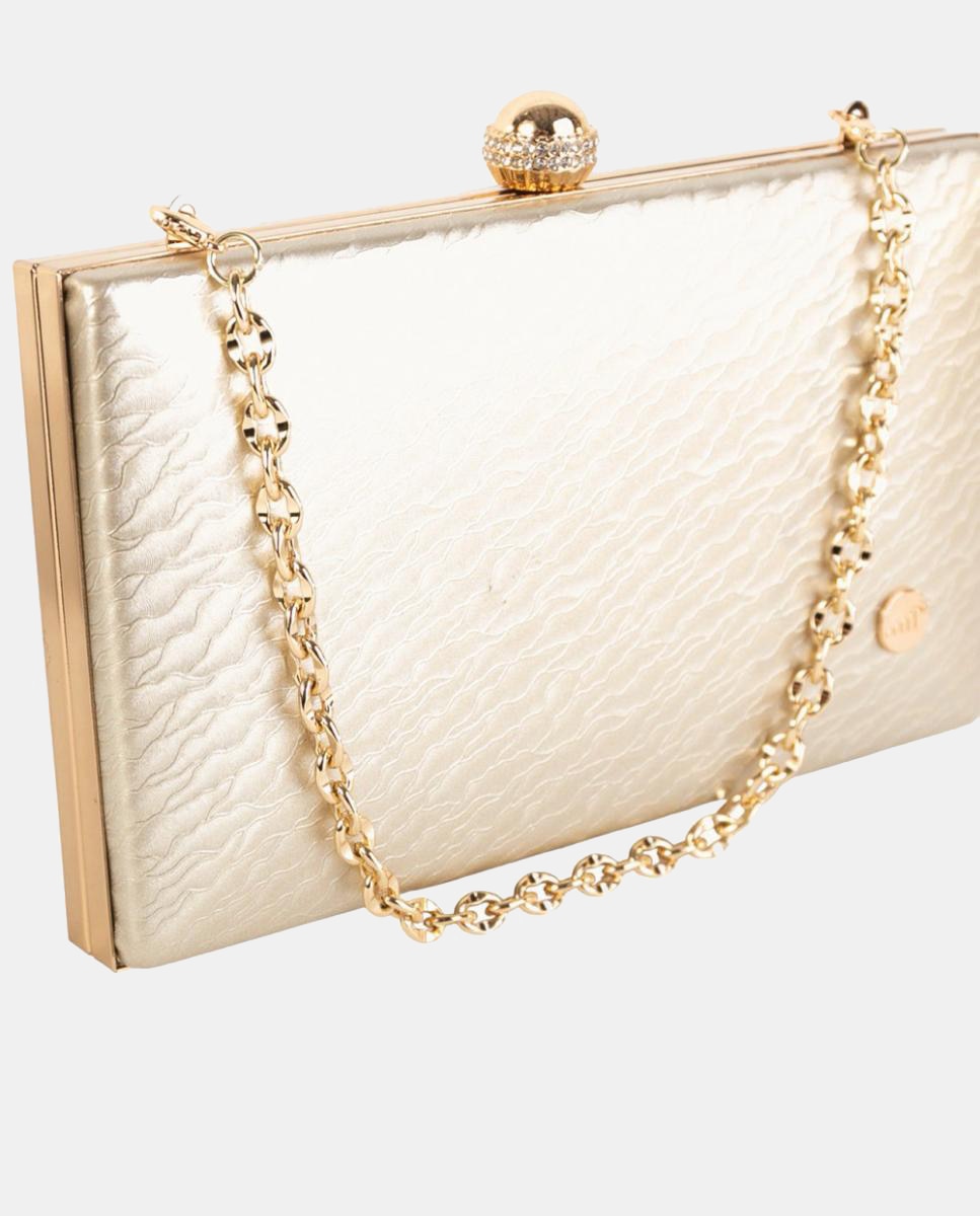 Mala Clutch Pequena em Efeito de Pele com Fecho de Joia e Corrente Metálica Ouro-3