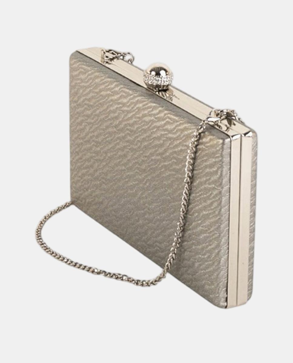 Mala Clutch Pequena em Efeito de Pele com Fecho de Joia e Corrente Metálica Cinzento-escuro-2