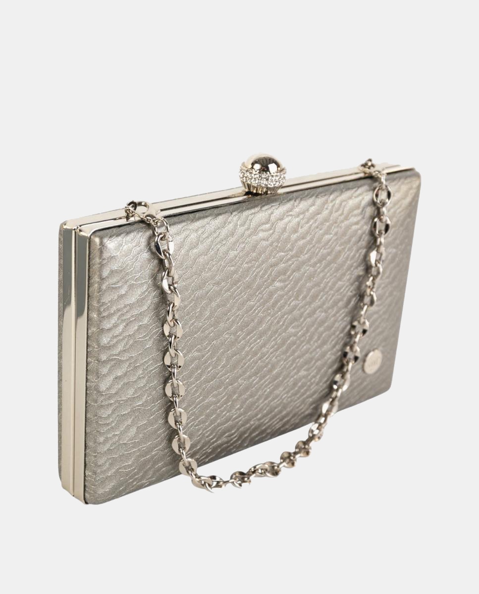 Mala Clutch Pequena em Efeito de Pele com Fecho de Joia e Corrente Metálica Cinzento-escuro-3