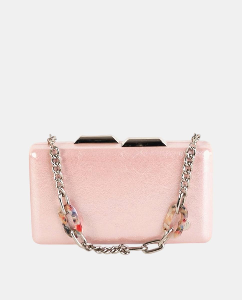 Imagem 0 de Mala Clutch Pequena em Efeito de Pele Metalizado com Corrente e Elos Decorativos