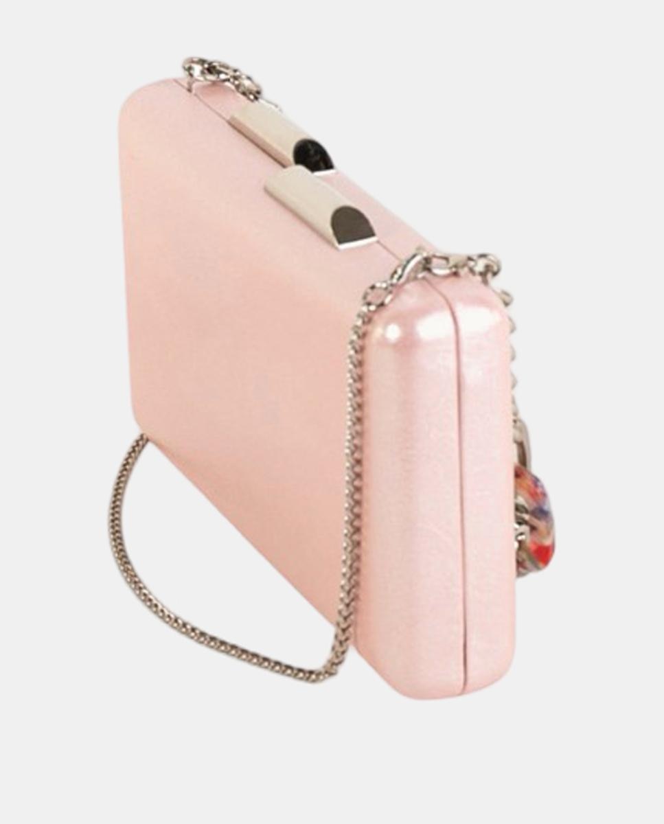 Mala Clutch Pequena em Efeito de Pele Metalizado com Corrente e Elos Decorativos Rosa-2