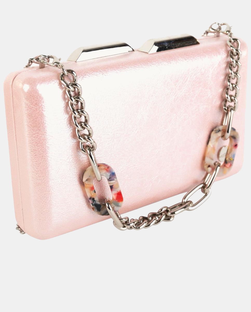Mala Clutch Pequena em Efeito de Pele Metalizado com Corrente e Elos Decorativos Rosa-3