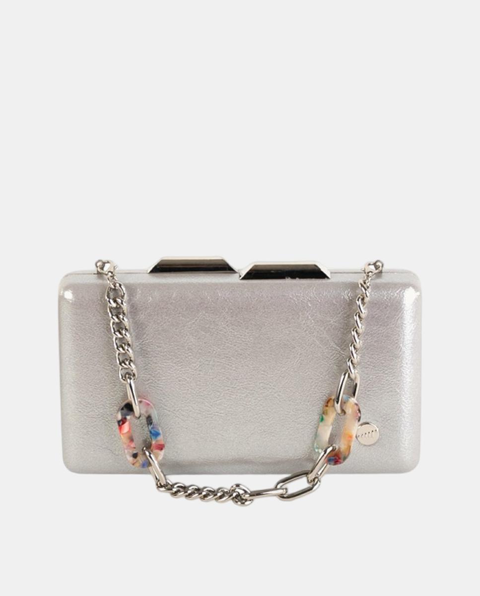 Imagem 0 de Mala Clutch Pequena em Efeito de Pele Metalizado com Corrente e Elos Decorativos