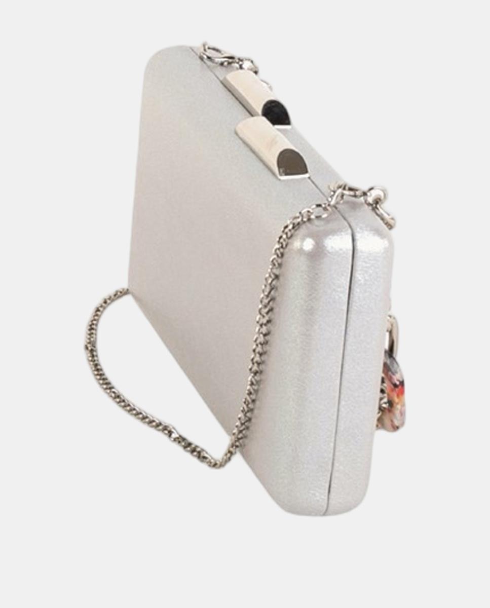 Mala Clutch Pequena em Efeito de Pele Metalizado com Corrente e Elos Decorativos Prata-2