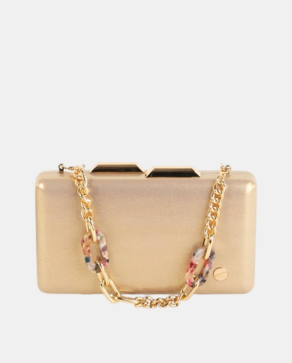 Imagem 0 de Mala Clutch Pequena em Efeito de Pele Metalizado com Corrente e Elos Decorativos