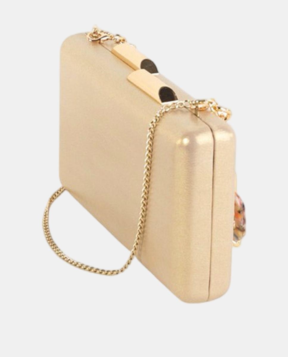 Mala Clutch Pequena em Efeito de Pele Metalizado com Corrente e Elos Decorativos Ouro-2