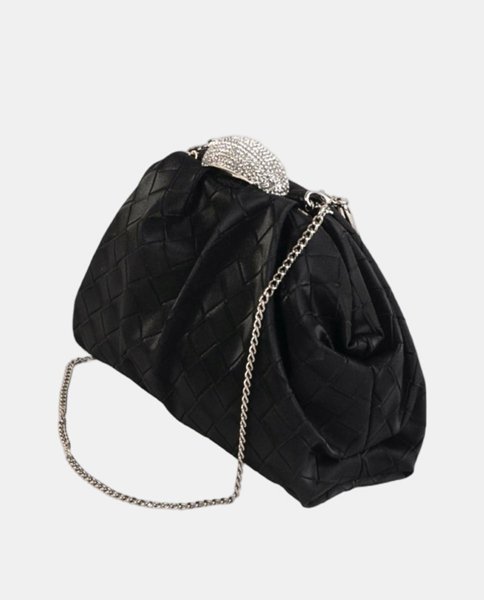 Mala Clutch Pequena com Efeito Entrançado e Fecho de Joia Preto-2