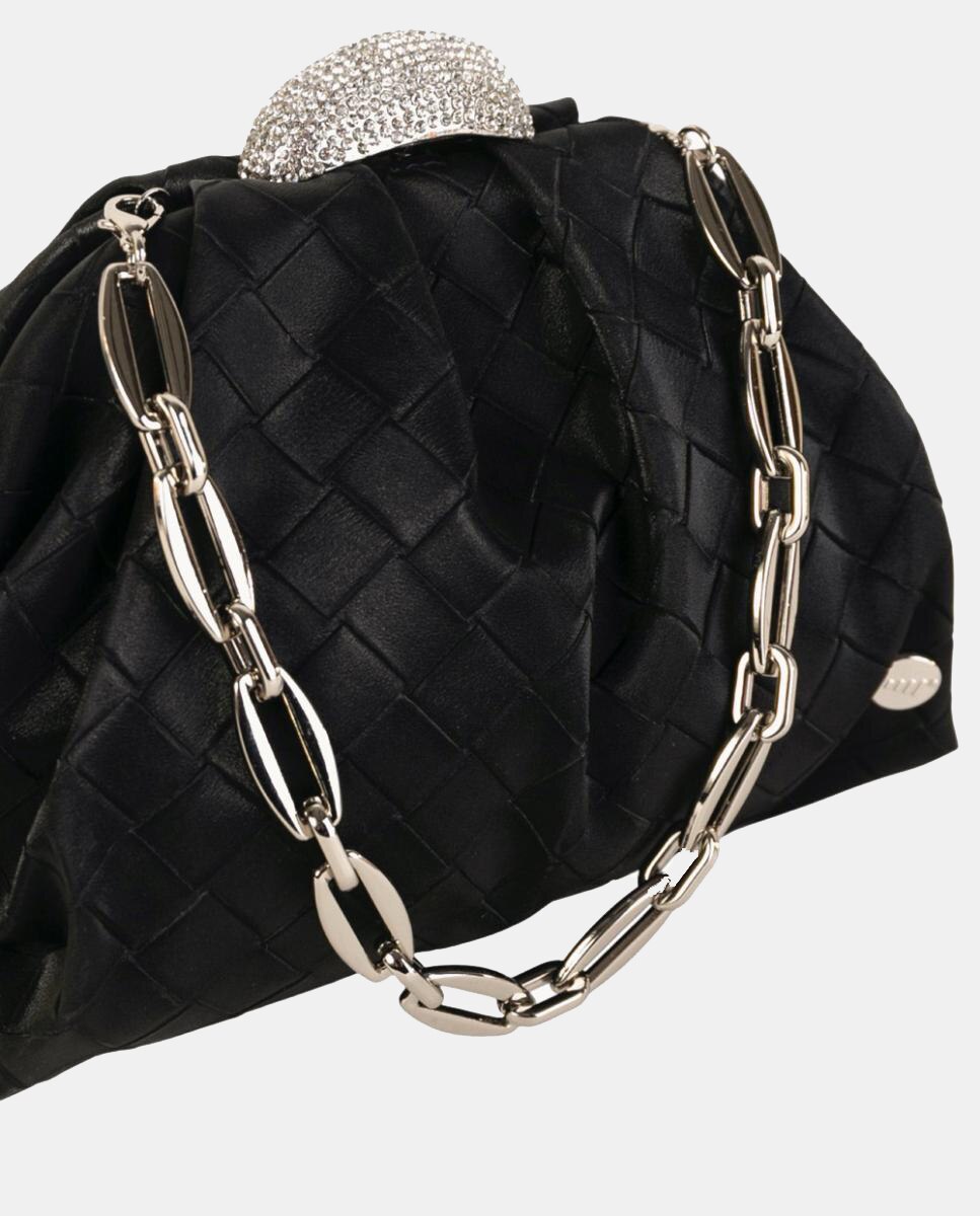 Mala Clutch Pequena com Efeito Entrançado e Fecho de Joia Preto-3