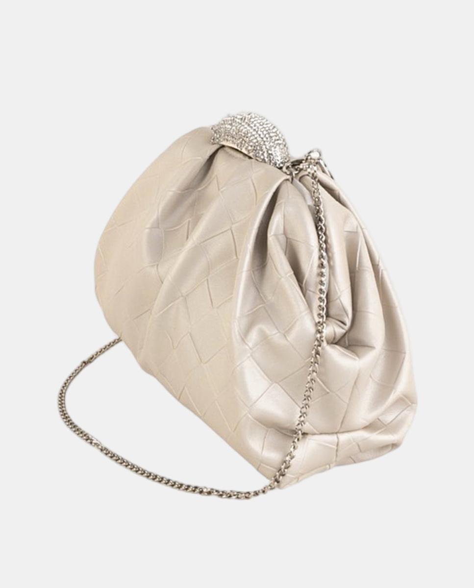 Mala Clutch Pequena com Efeito Entrançado e Fecho de Joia Bege-2