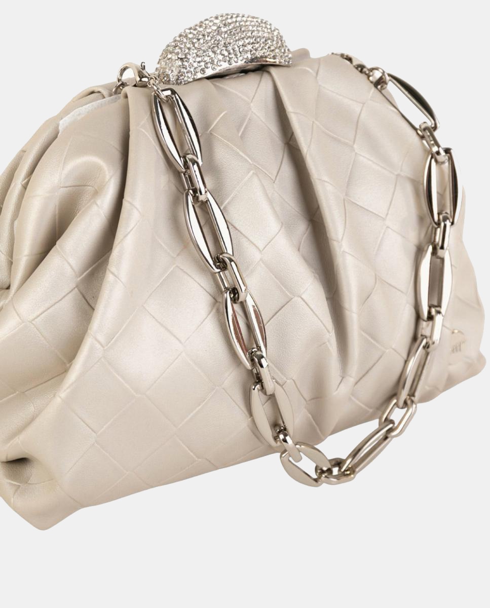 Mala Clutch Pequena com Efeito Entrançado e Fecho de Joia Bege-3
