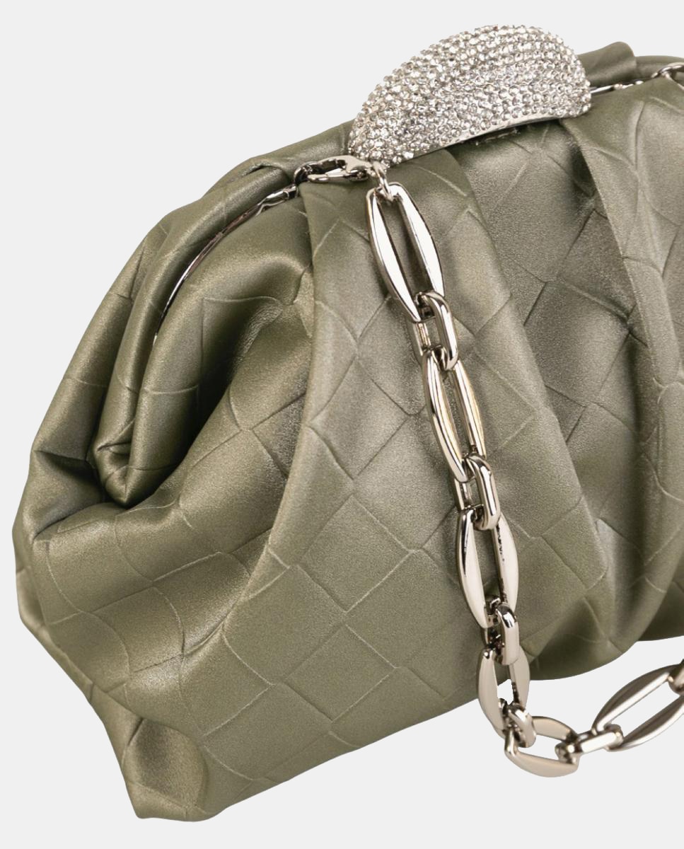Mala Clutch Pequena com Efeito Entrançado e Fecho de Joia Verde-militar-3