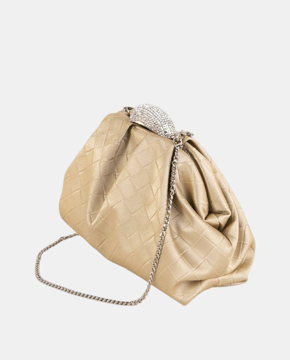 Mala Clutch Pequena com Efeito Entrançado e Fecho de Joia Ouro-2