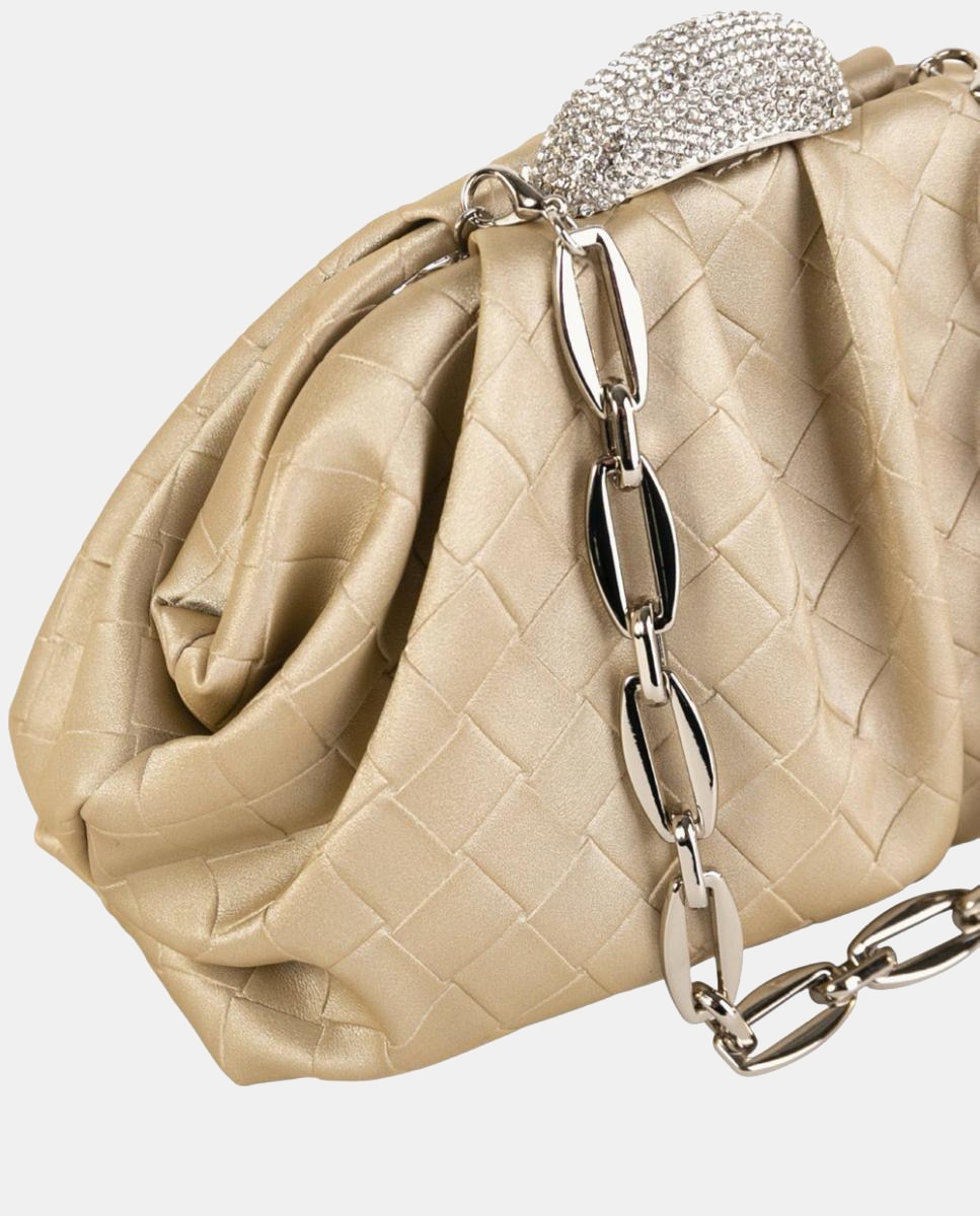 Mala Clutch Pequena com Efeito Entrançado e Fecho de Joia Ouro-3