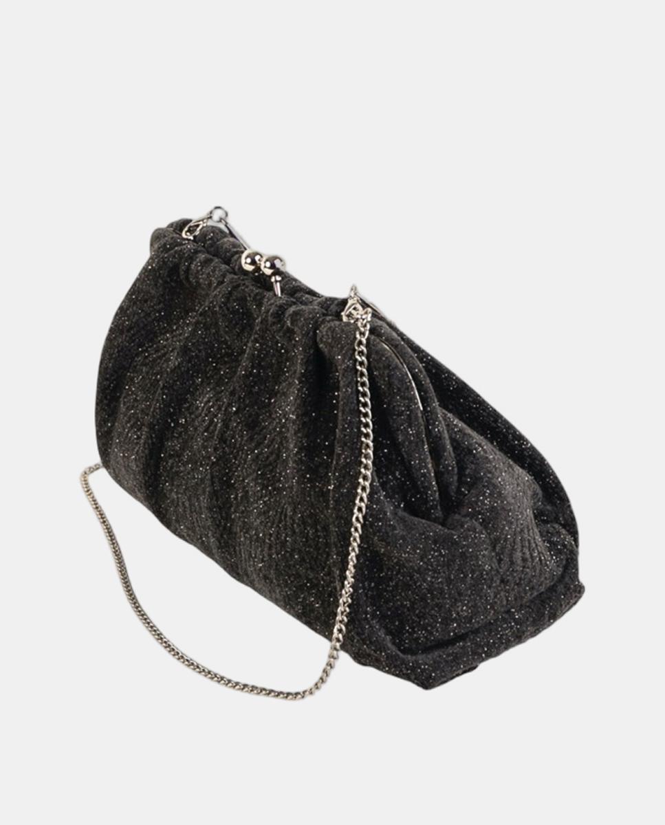 Mala Clutch Pequena em Têxtil Brilhante com Design Franzido Preto-2