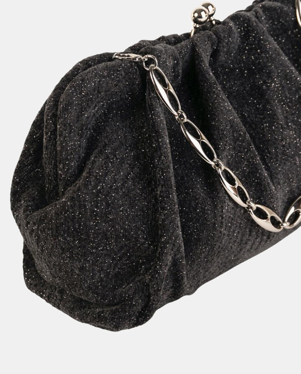 Mala Clutch Pequena em Têxtil Brilhante com Design Franzido Preto-3