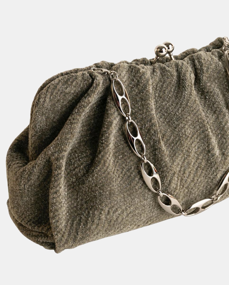 Mala Clutch Pequena em Têxtil Brilhante com Design Franzido Verde-militar-3