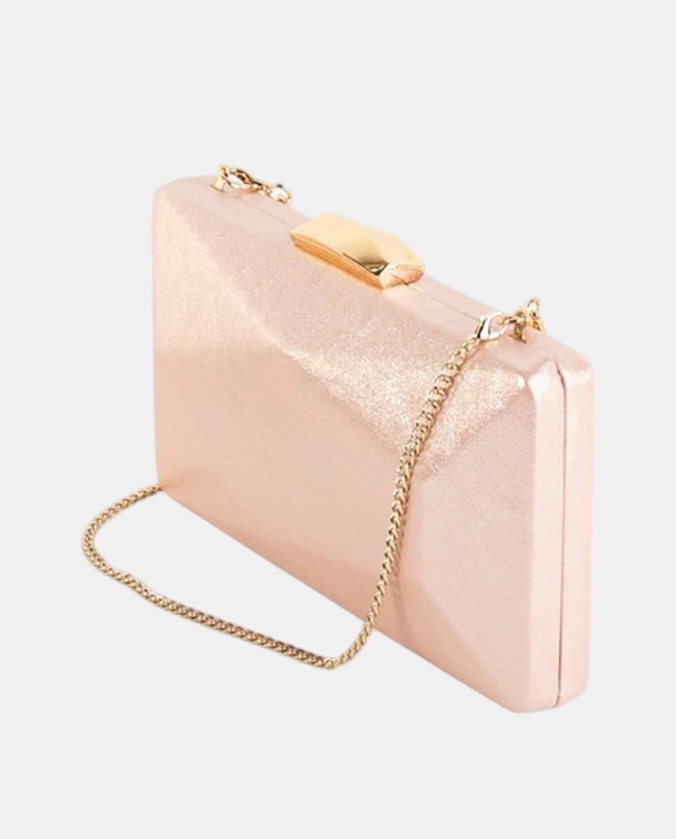 Mala Clutch Rígida Metalizada com Corrente com Joia Rosa-2