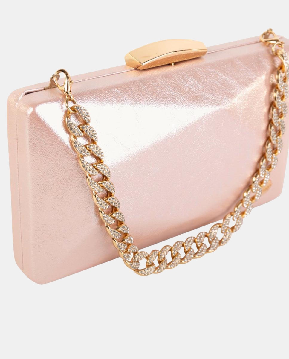 Mala Clutch Rígida Metalizada com Corrente com Joia Rosa-3