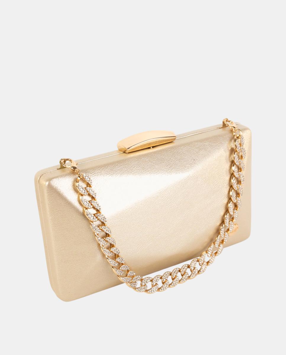 Mala Clutch Rígida Metalizada com Corrente com Joia Ouro-3