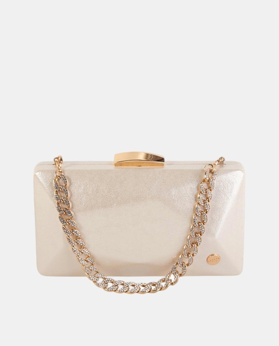 Imagem 0 de Mala Clutch Rígida Metalizada com Corrente com Joia