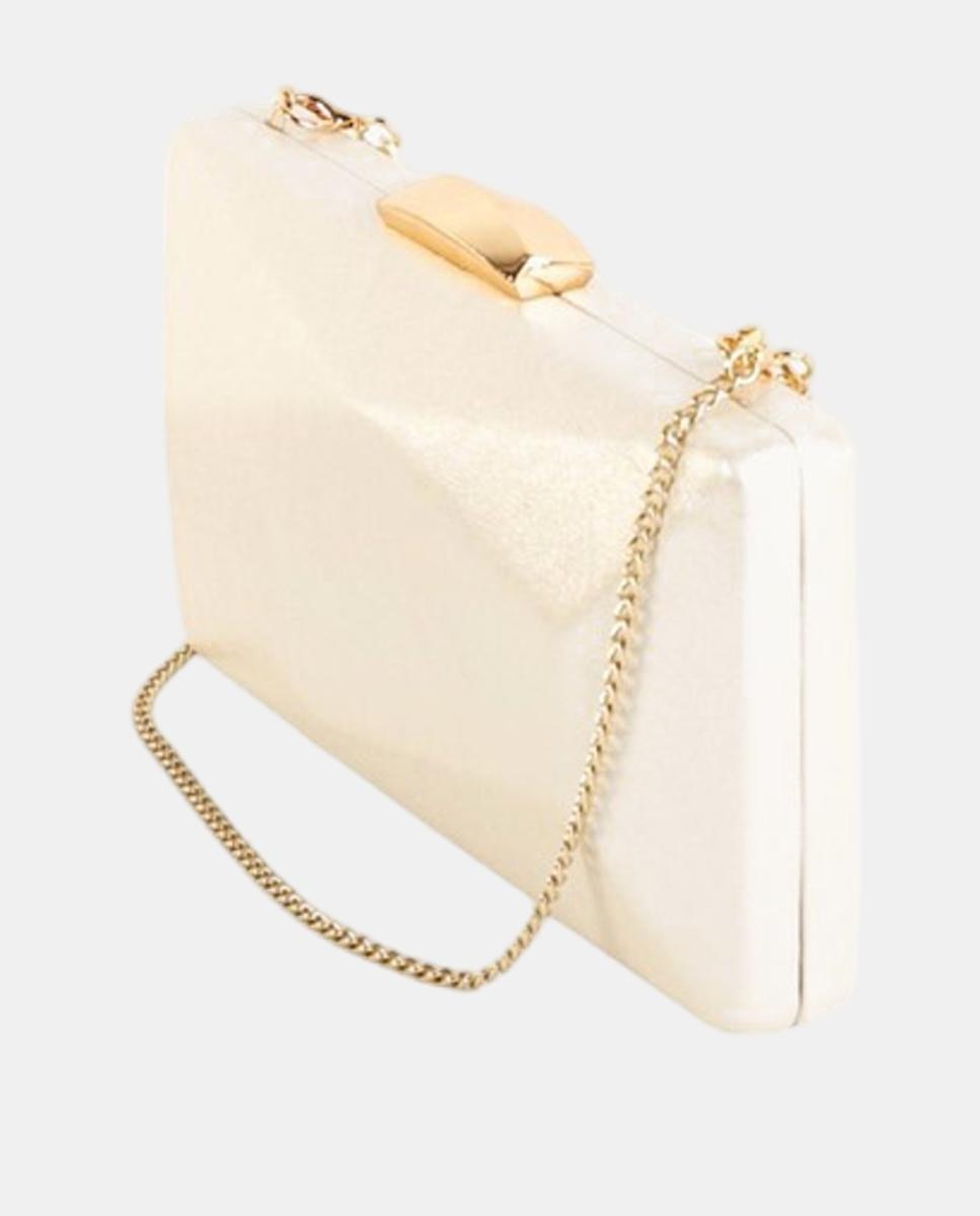 Mala Clutch Rígida Metalizada com Corrente com Joia Branco-2
