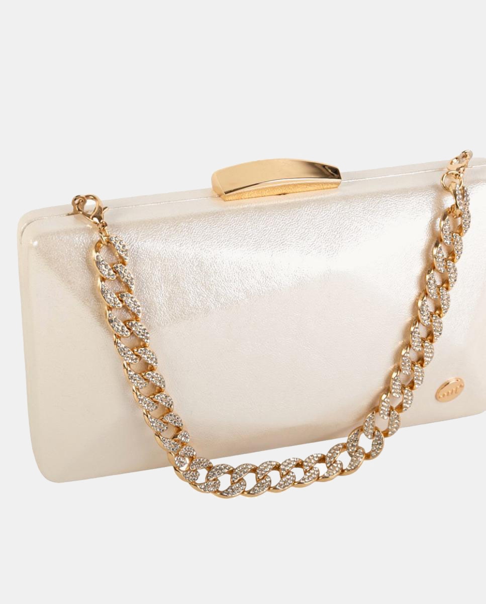 Mala Clutch Rígida Metalizada com Corrente com Joia Branco-3