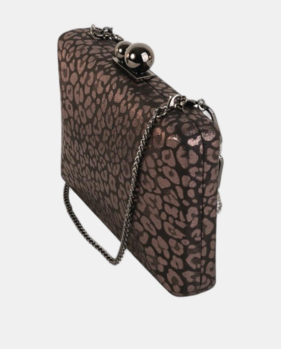 Mala Clutch Elegante com Acabamento de Efeito de Animal Print Metalizado com Fecho e Corrente de Joia Preto-2