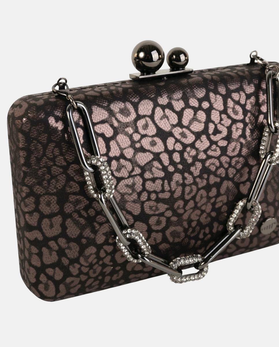 Mala Clutch Elegante com Acabamento de Efeito de Animal Print Metalizado com Fecho e Corrente de Joia Preto-3
