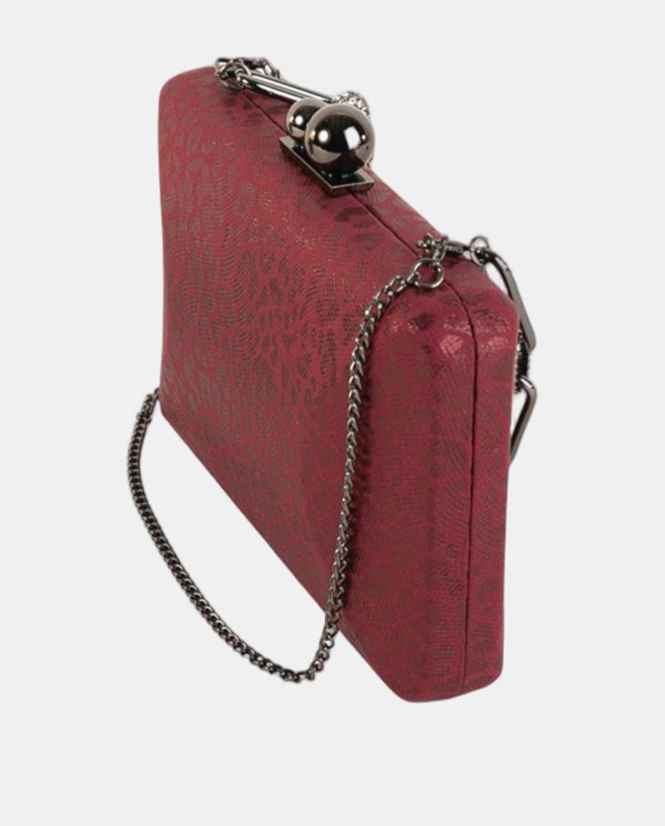 Mala Clutch Elegante com Acabamento de Efeito de Animal Print Metalizado com Fecho e Corrente de Joia Grená-2