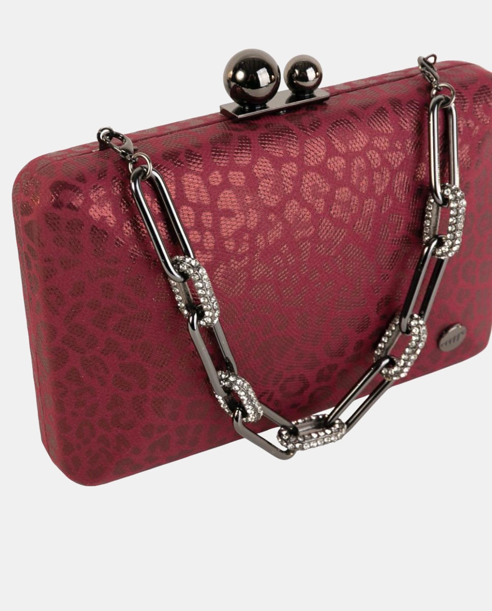 Mala Clutch Elegante com Acabamento de Efeito de Animal Print Metalizado com Fecho e Corrente de Joia Grená-3