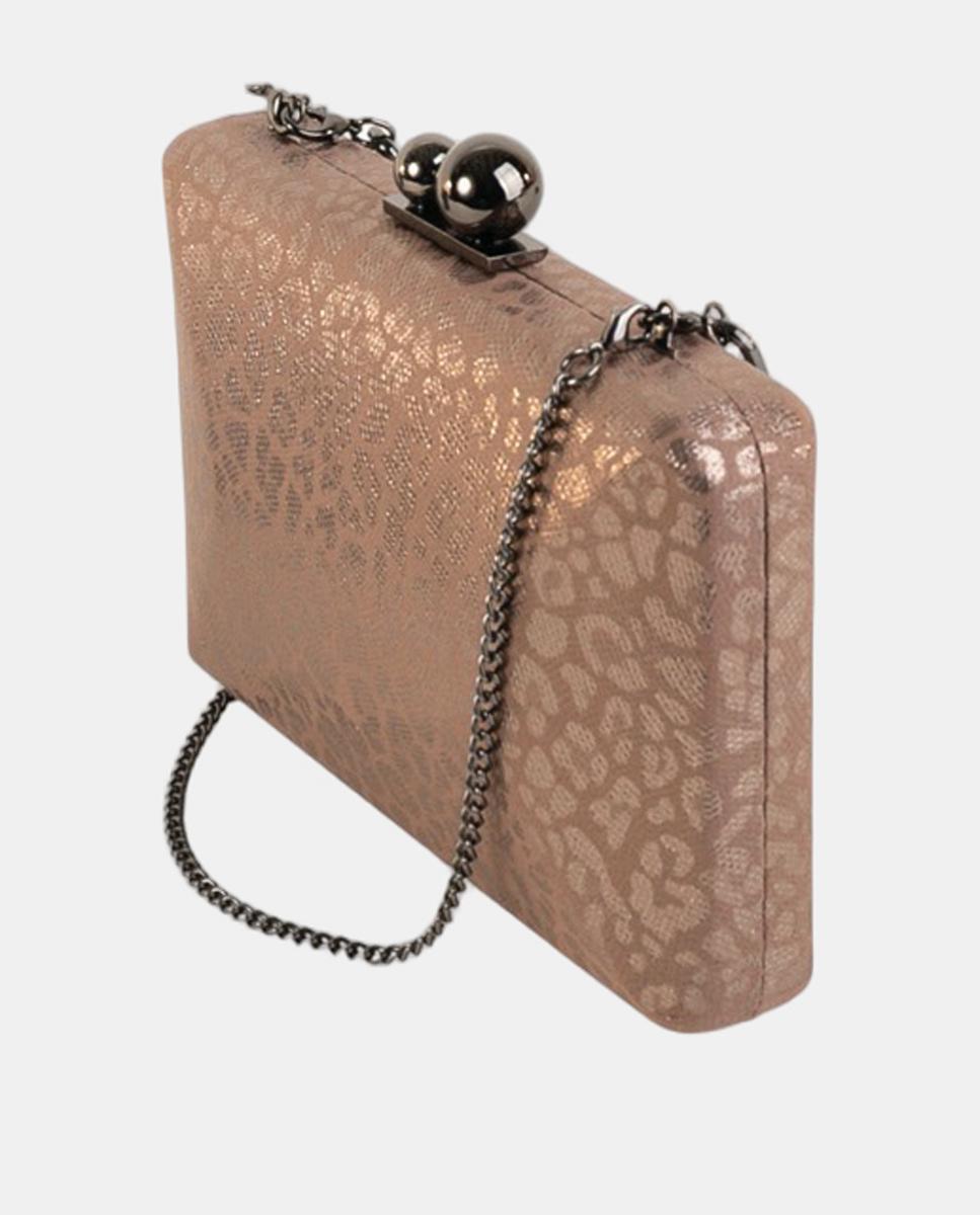 Mala Clutch Elegante com Acabamento de Efeito de Animal Print Metalizado com Fecho e Corrente de Joia Castanho-2