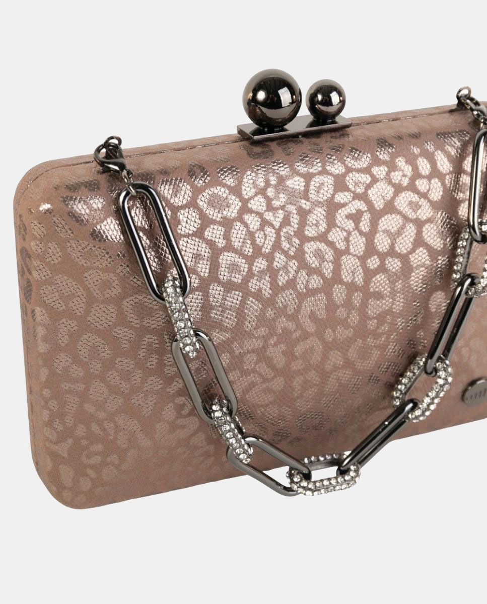 Mala Clutch Elegante com Acabamento de Efeito de Animal Print Metalizado com Fecho e Corrente de Joia Castanho-3