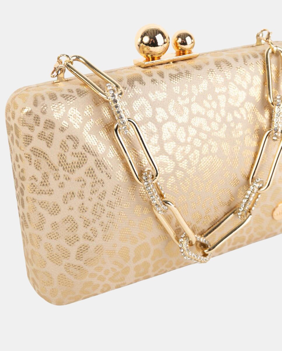 Mala Clutch Elegante com Acabamento de Efeito de Animal Print Metalizado com Fecho e Corrente de Joia Ouro-3