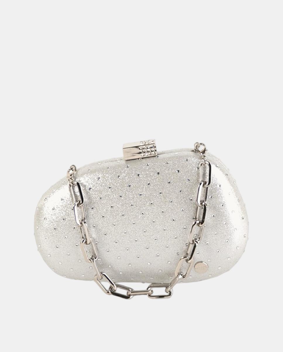 Imagem 0 de Mala Clutch Rígida Acetinada com Detalhes de Strass, Fecho de Joia e Corrente de Elos