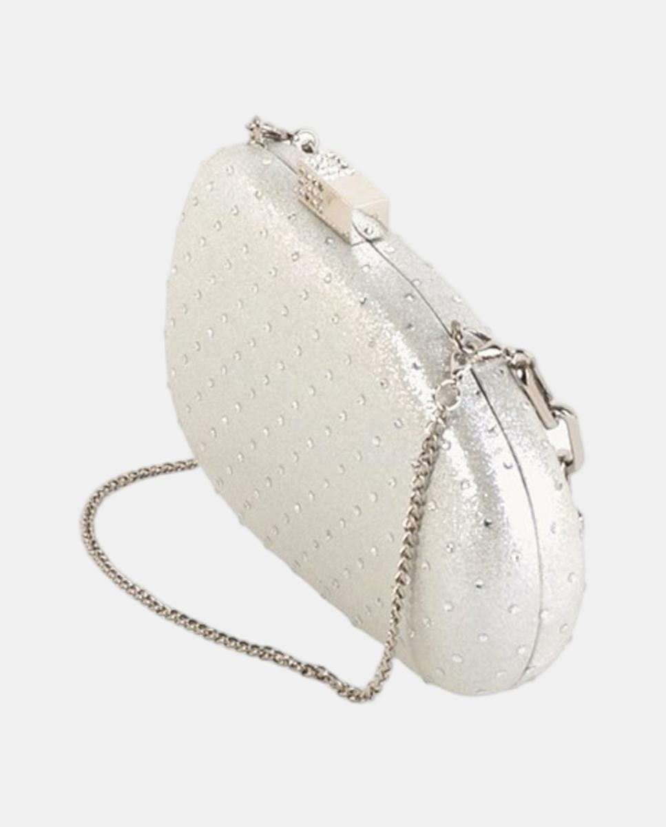 Mala Clutch Rígida Acetinada com Detalhes de Strass, Fecho de Joia e Corrente de Elos Prata-2